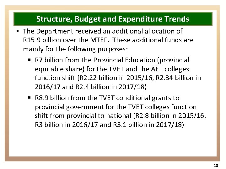 Structure, Budget and Expenditure Trends • The Department received an additional allocation of R