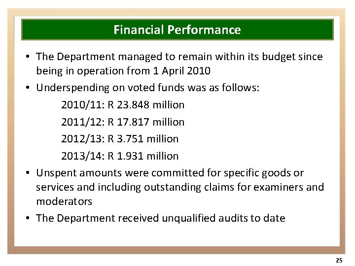 Financial Performance • The Department managed to remain within its budget since being in