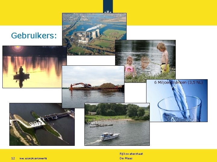 Gebruikers: 6 Miljoen mensen (3, 5 NL) Rijkswaterstaat 12 RWS BEDRIJFSINFORMATIE De Maas 