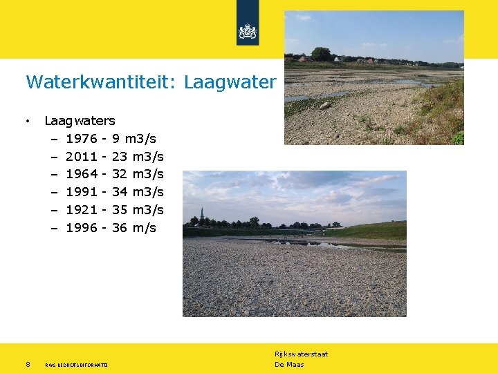 Waterkwantiteit: Laagwater • Laagwaters – 1976 - 9 m 3/s – 2011 - 23