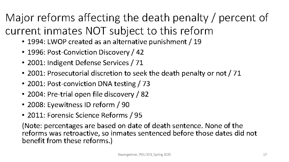 Major reforms affecting the death penalty / percent of current inmates NOT subject to