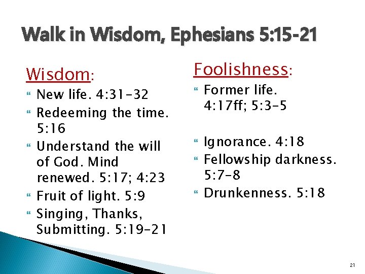 Walk in Wisdom, Ephesians 5: 15 -21 Wisdom: New life. 4: 31 -32 Redeeming