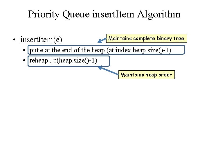 Priority Queue insert. Item Algorithm • insert. Item(e) Maintains complete binary tree • put