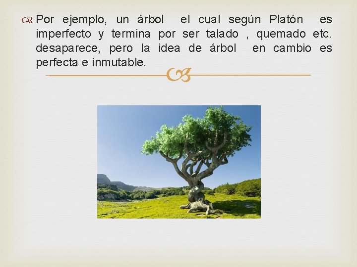  Por ejemplo, un árbol el cual según Platón es imperfecto y termina por