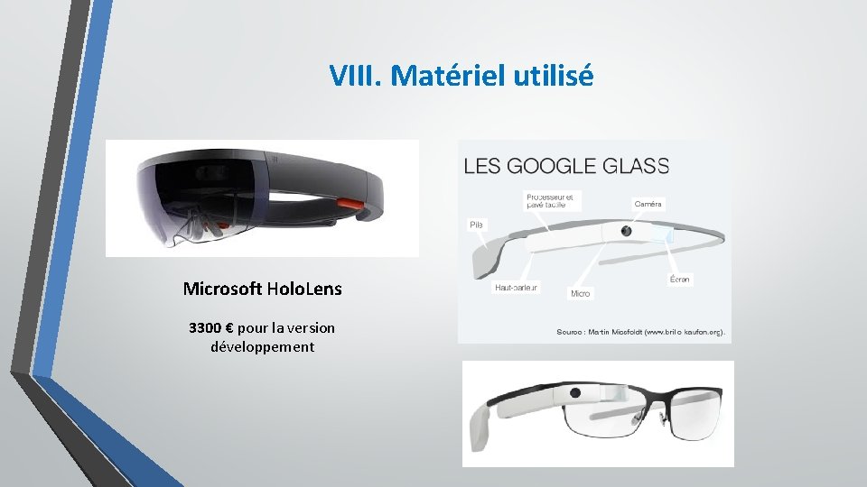 VIII. Matériel utilisé Microsoft Holo. Lens 3300 € pour la version développement 