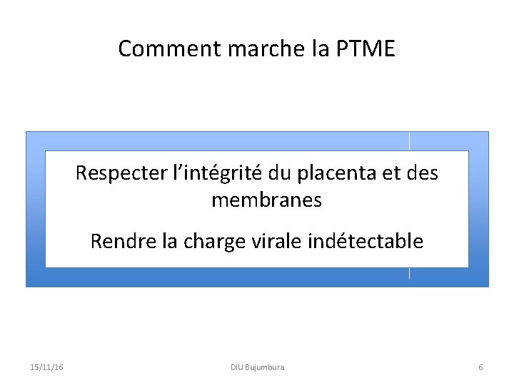 Comment marche la PTME Respecter l’intégrité du placenta et des membranes Rendre la charge