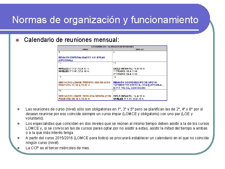 Normas de organización y funcionamiento l l l Calendario de reuniones mensual: Las reuniones