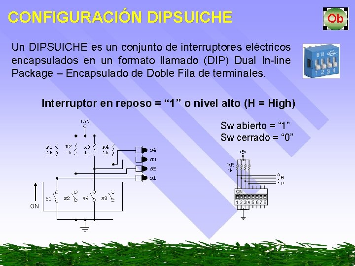 CONFIGURACIÓN DIPSUICHE Un DIPSUICHE es un conjunto de interruptores eléctricos encapsulados en un formato