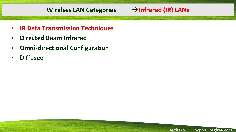 Wireless LAN Categories • • Infrared (IR) LANs IR Data Transmission Techniques Directed Beam