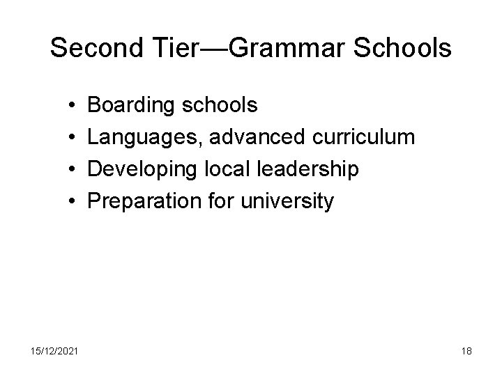 Second Tier—Grammar Schools • • 15/12/2021 Boarding schools Languages, advanced curriculum Developing local leadership