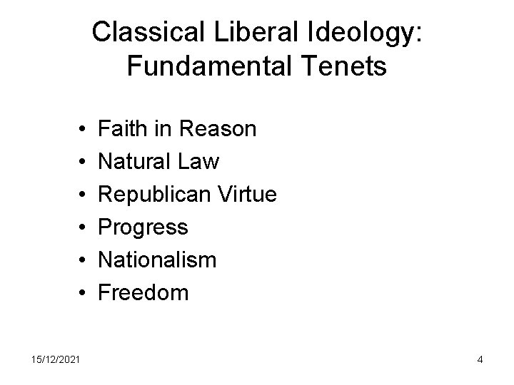 Classical Liberal Ideology: Fundamental Tenets • • • 15/12/2021 Faith in Reason Natural Law