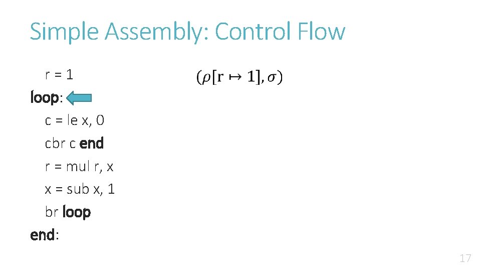 Simple Assembly: Control Flow r=1 loop: c = le x, 0 cbr c end