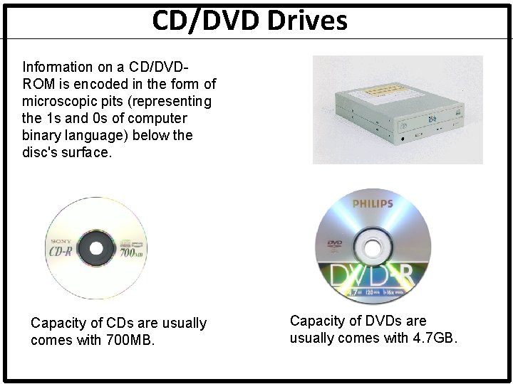 CD/DVD Drives Information on a CD/DVDROM is encoded in the form of microscopic pits