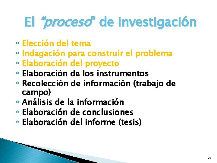 El “proceso” de investigación Elección del tema Indagación para construir el problema Elaboración del