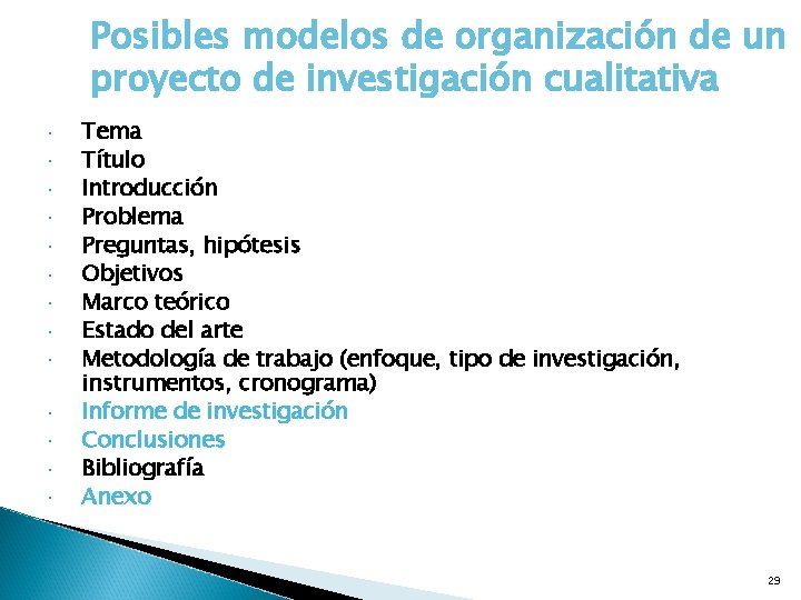 Posibles modelos de organización de un proyecto de investigación cualitativa Tema Título Introducción Problema