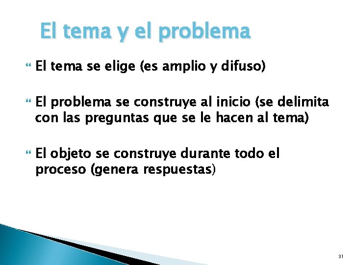 El tema y el problema El tema se elige (es amplio y difuso) El