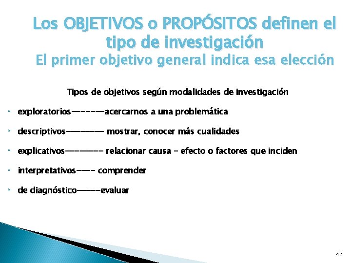 Los OBJETIVOS o PROPÓSITOS definen el tipo de investigación El primer objetivo general indica