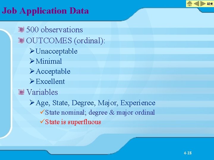 結束 Job Application Data 500 observations OUTCOMES (ordinal): Ø Unacceptable Ø Minimal Ø Acceptable