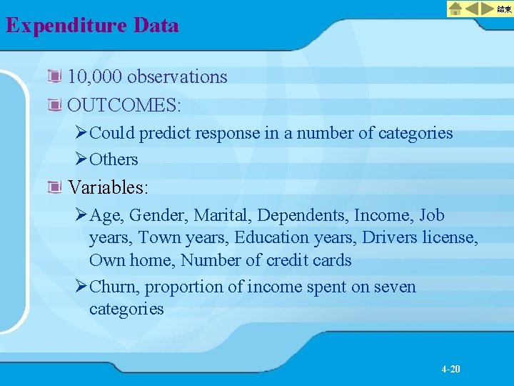 結束 Expenditure Data 10, 000 observations OUTCOMES: Ø Could predict response in a number