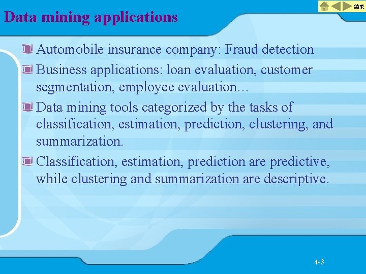 結束 Data mining applications Automobile insurance company: Fraud detection Business applications: loan evaluation, customer