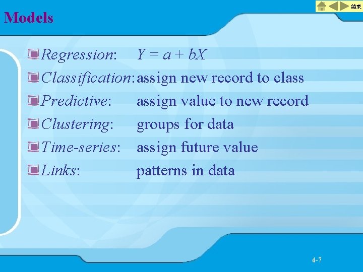 結束 Models Regression: Y = a + b. X Classification: assign new record to