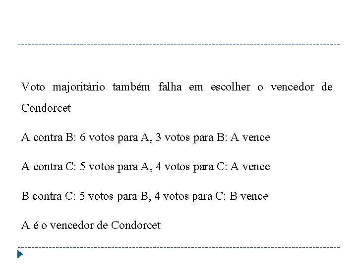 Voto majoritário também falha em escolher o vencedor de Condorcet A contra B: 6