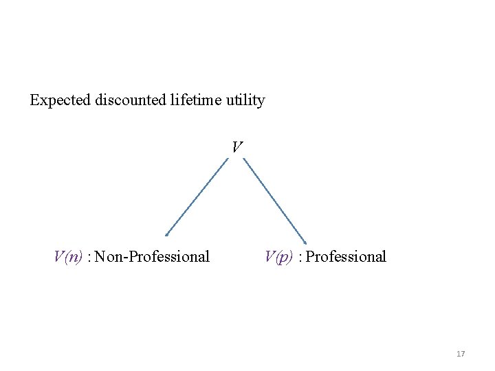 Expected discounted lifetime utility V V(n) : Non-Professional V(p) : Professional 17 