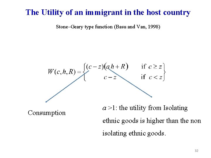 The Utility of an immigrant in the host country Stone–Geary type function (Basu and