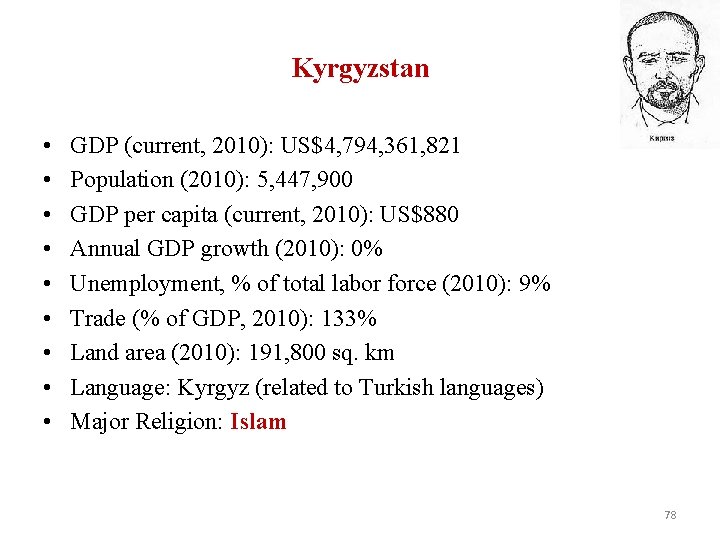 Kyrgyzstan • • • GDP (current, 2010): US$4, 794, 361, 821 Population (2010): 5,