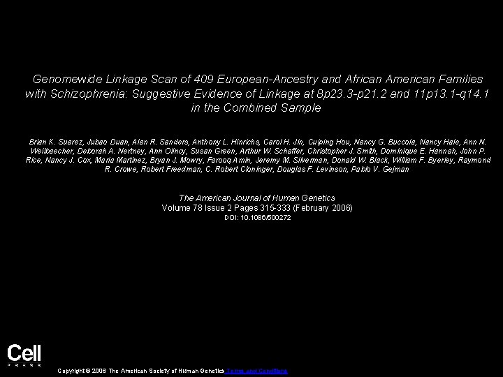 Genomewide Linkage Scan of 409 European-Ancestry and African American Families with Schizophrenia: Suggestive Evidence