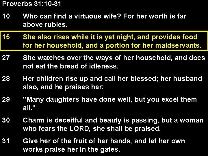 Proverbs 31: 10 -31 10 Who can find a virtuous wife? For her worth