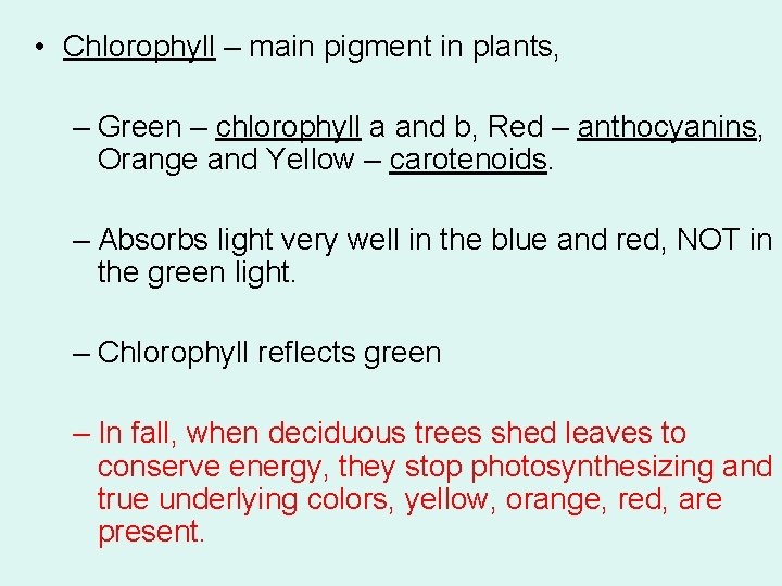  • Chlorophyll – main pigment in plants, – Green – chlorophyll a and