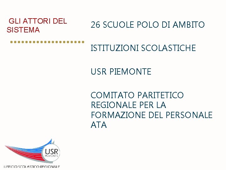 GLI ATTORI DEL SISTEMA 26 SCUOLE POLO DI AMBITO ISTITUZIONI SCOLASTICHE USR PIEMONTE COMITATO