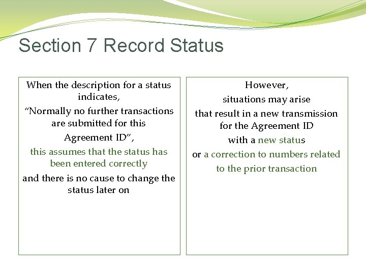 Section 7 Record Status When the description for a status indicates, “Normally no further