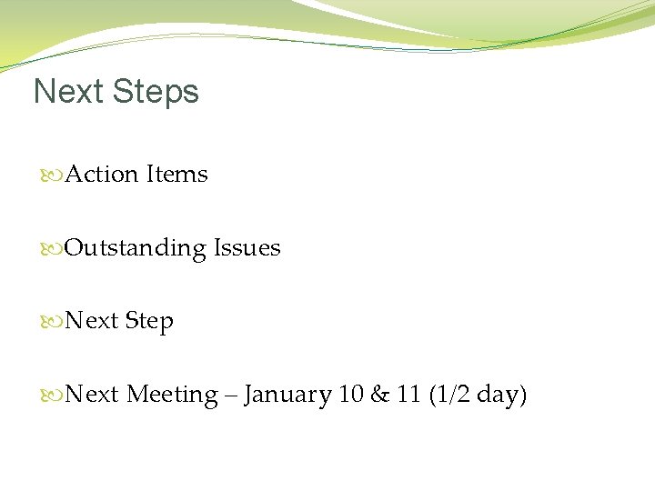 Next Steps Action Items Outstanding Issues Next Step Next Meeting – January 10 &