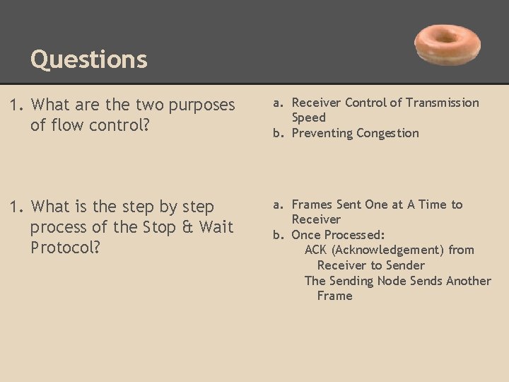 Questions 1. What are the two purposes of flow control? a. Receiver Control of