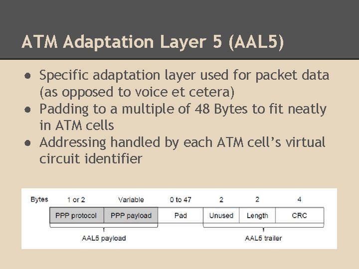 ATM Adaptation Layer 5 (AAL 5) ● Specific adaptation layer used for packet data