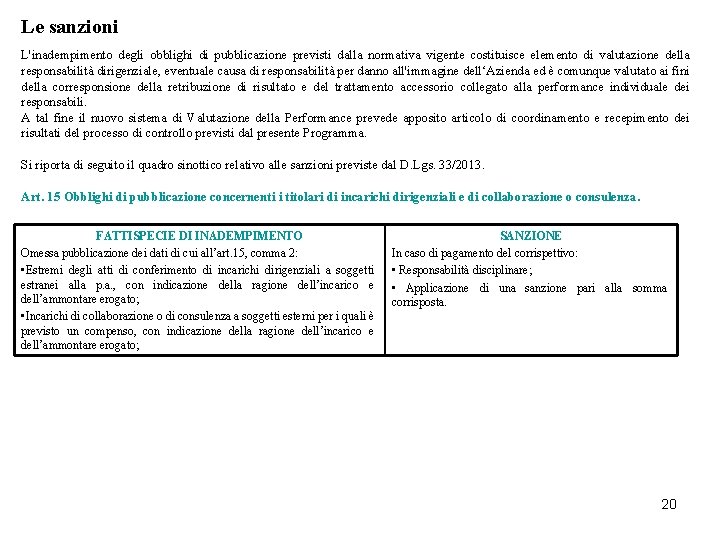 Le sanzioni L'inadempimento degli obblighi di pubblicazione previsti dalla normativa vigente costituisce elemento di