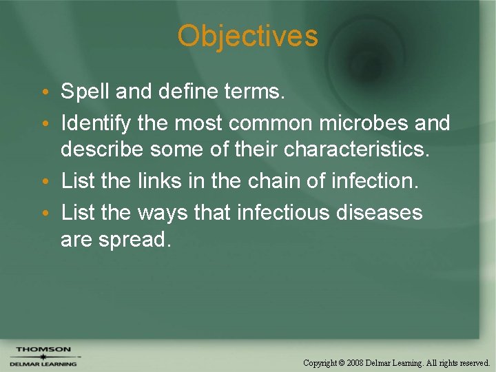Objectives • Spell and define terms. • Identify the most common microbes and describe
