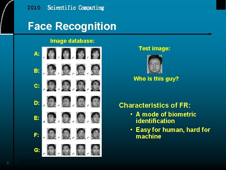 2010 Scientific Computing Face Recognition Image database: A: Test image: B: Who is this