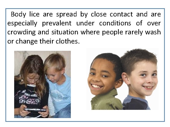Body lice are spread by close contact and are especially prevalent under conditions of
