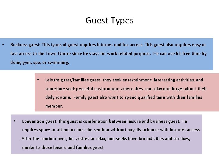 Guest Types • Business guest: This types of guest requires internet and fax access.