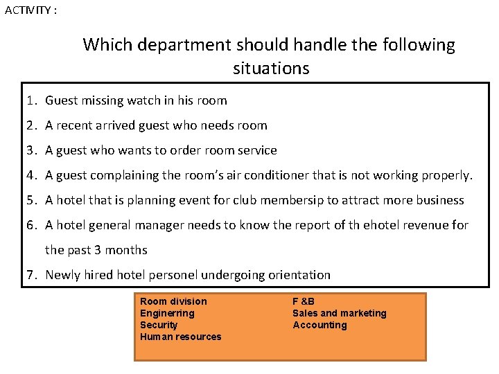 ACTIVITY : Which department should handle the following situations 1. Guest missing watch in
