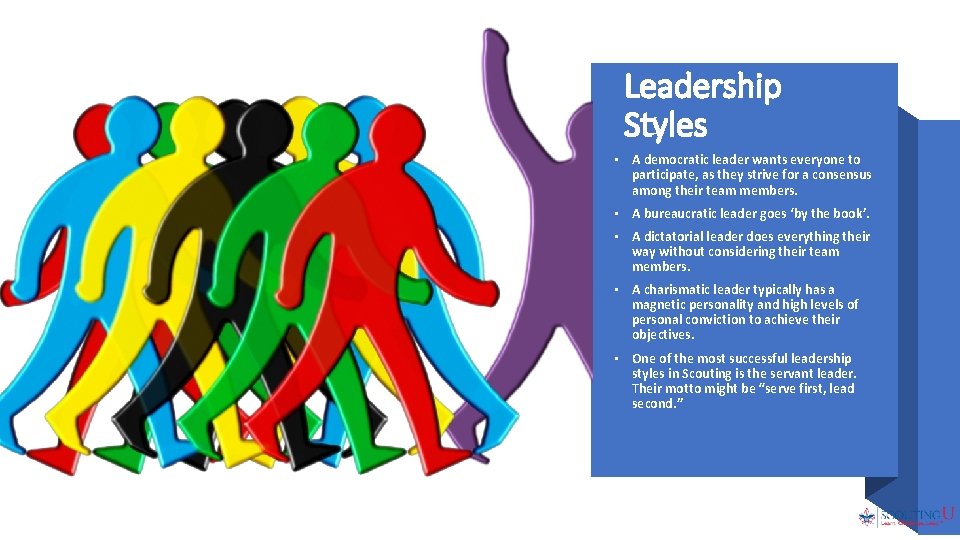 Leadership Styles • A democratic leader wants everyone to participate, as they strive for