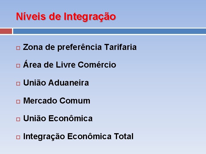 Níveis de Integração Zona de preferência Tarifaria Área de Livre Comércio União Aduaneira Mercado