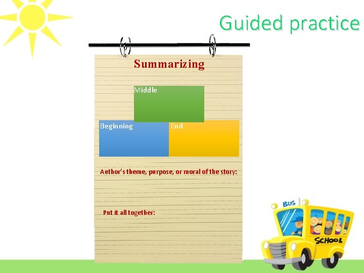 Guided practice Summarizing Middle Beginning End Author’s theme, purpose, or moral of the story: