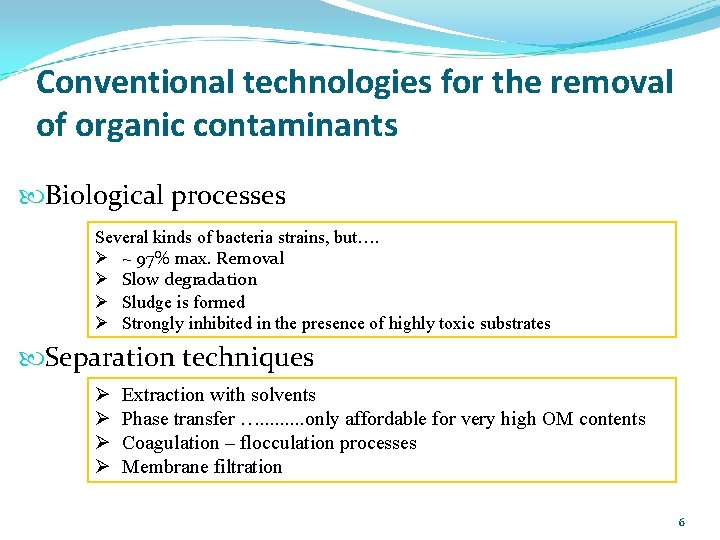 Conventional technologies for the removal of organic contaminants Biological processes Several kinds of bacteria