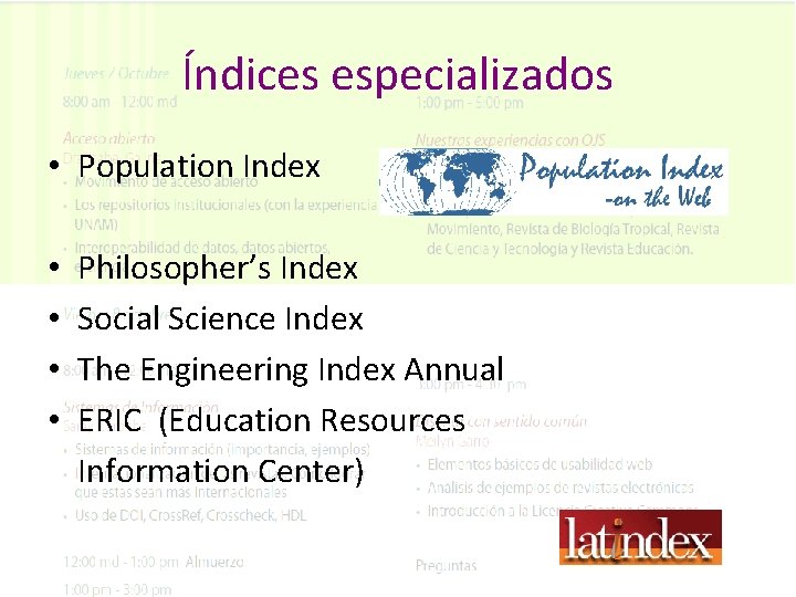 Índices especializados • Population Index • • Philosopher’s Index Social Science Index The Engineering