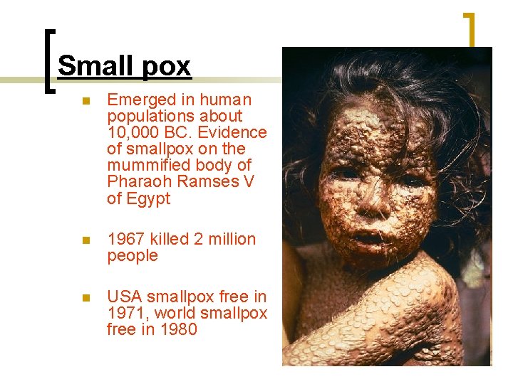 Small pox n Emerged in human populations about 10, 000 BC. Evidence of smallpox