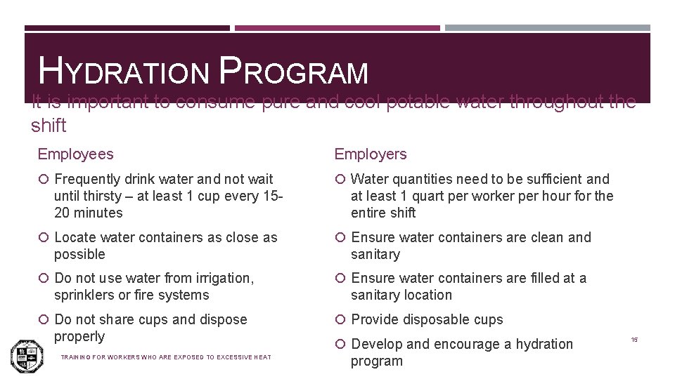 HYDRATION PROGRAM It is important to consume pure and cool potable water throughout the
